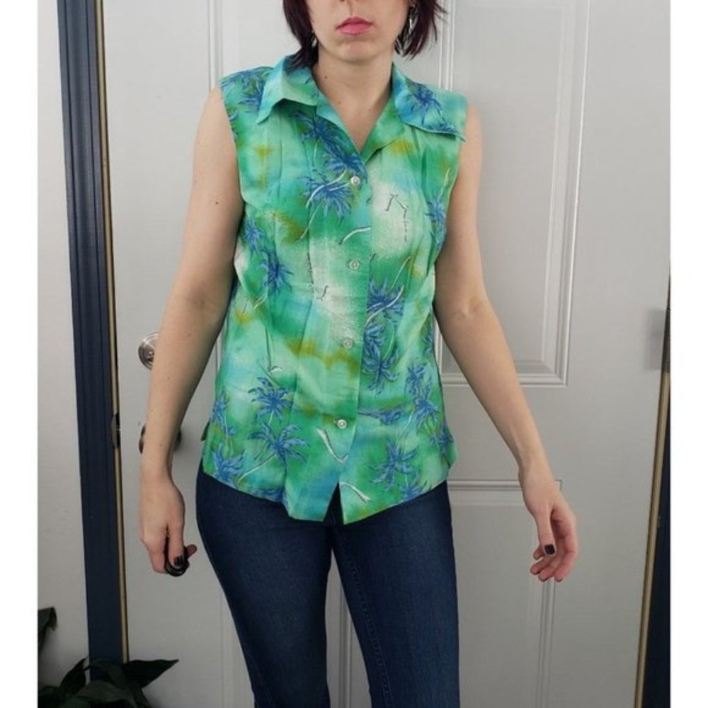 Vintage 70s Green and Blue Sleeveless Hawaiian Shirt